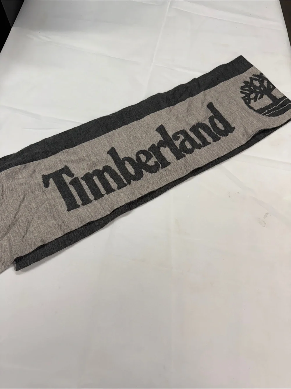 Timberland Beige and Charcoal Knit Logo Scarf